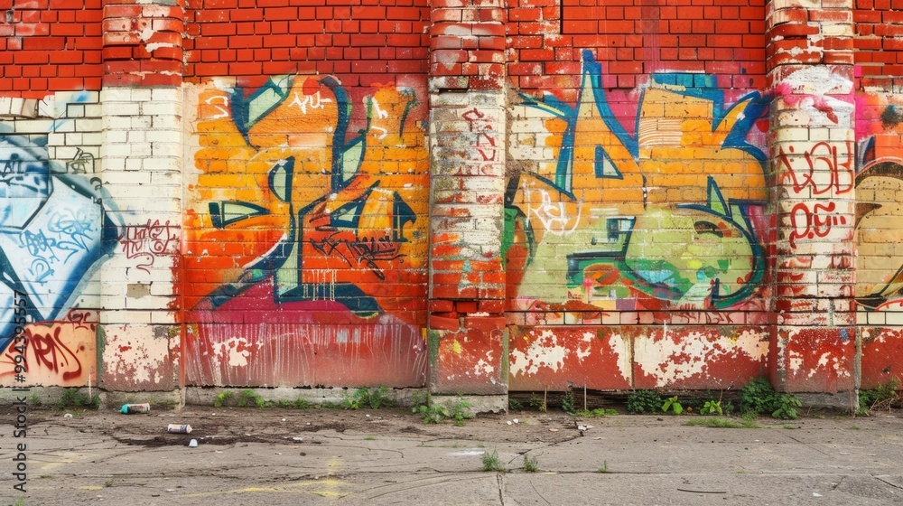 Fototapeta premium Urban Art Explosion: Vibrant Graffiti on School Wall with Weathered Charm