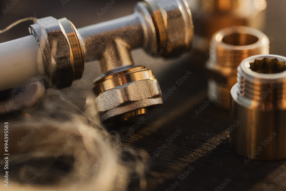 Brass plumbing fittings and PEX pipe fittings lying on an old wooden countertop, next to a tool, plumbing wrenches (selective focus) Brass plumbing fittings and PEX pipe fittings lying on an old wooden countertop, next to a tool, plumbing wrenches (selective focus)