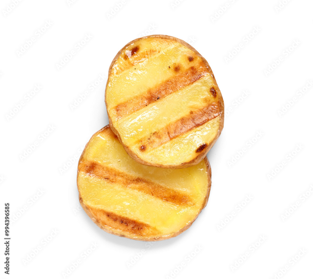Pieces of delicious grilled potato on white background Pieces of delicious grilled potato on white background