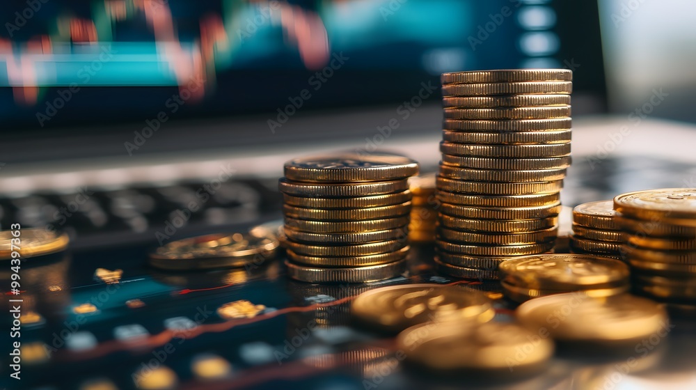 Stacks of Gold Coins on Laptop Keyboard with Chart in Background Stacks of Gold Coins on Laptop Keyboard with Chart in Background