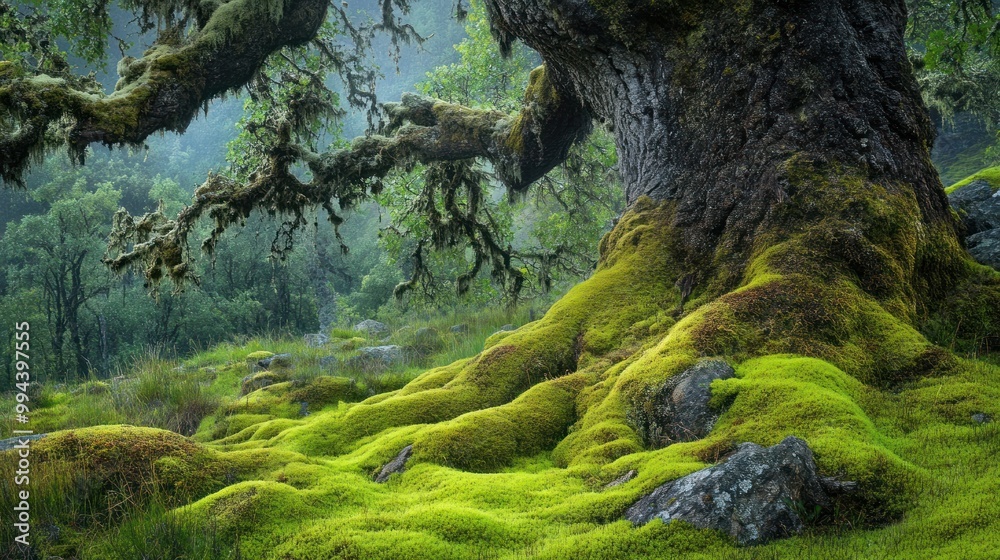 Ancient Tree Roots Covered in Moss in a Lush Forest Ancient Tree Roots Covered in Moss in a Lush Forest