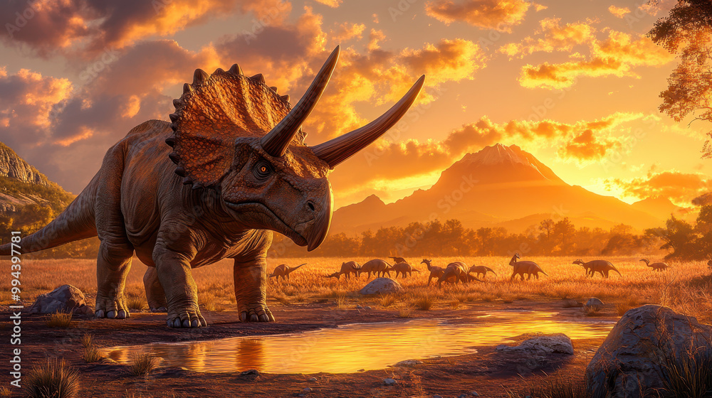 Fototapeta premium A realistic depiction of a triceratops in a wide, open savannah, the golden hour lighting accentuating the rugged texture of its horns and ski