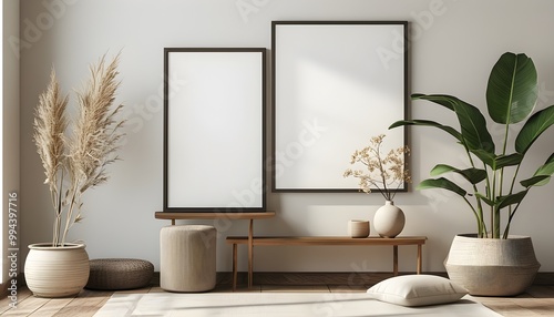 Minimalist interior design featuring an empty photo frame and a decorative plant, ideal for creative spaces and sustainable aesthetics in a renovated apartment. photo