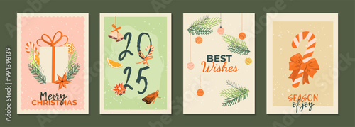 Set of Christmas New Year greeting cards with decoration. Winter holiday design for greeting card, invitation, cover, calendar, social media posts, menu.