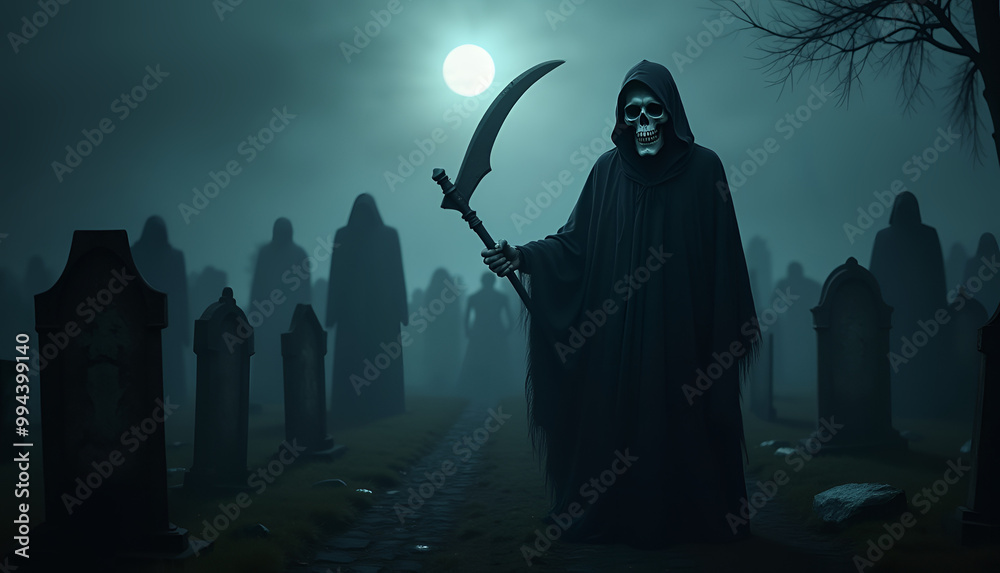 Haunting Grim Reaper scene in a foggy cemetery with ghouls and eerie moonlight casting shadows over tombstones with copy space Haunting Grim Reaper scene in a foggy cemetery with ghouls and eerie moonlight casting shadows over tombstones with copy space