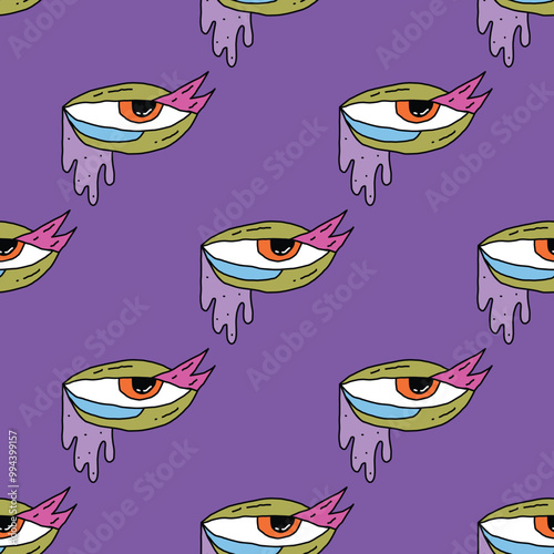 square seamless pattern -sinister eyes for Halloween.Devil eyes in 1970s psychedelic style.Groovy and funky print ornament.A look from a horror movie. Mystical esoteric eye.Witches,astrology and tarot