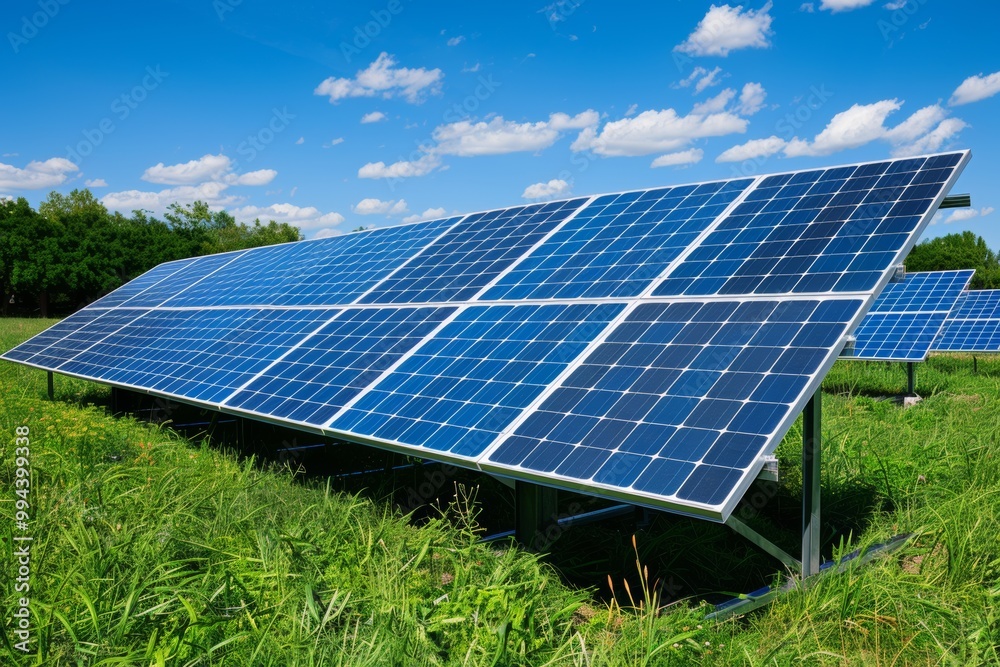 A solar panel array in a field of green grass under a clear blue sky. A solar panel array in a field of green grass under a clear blue sky.