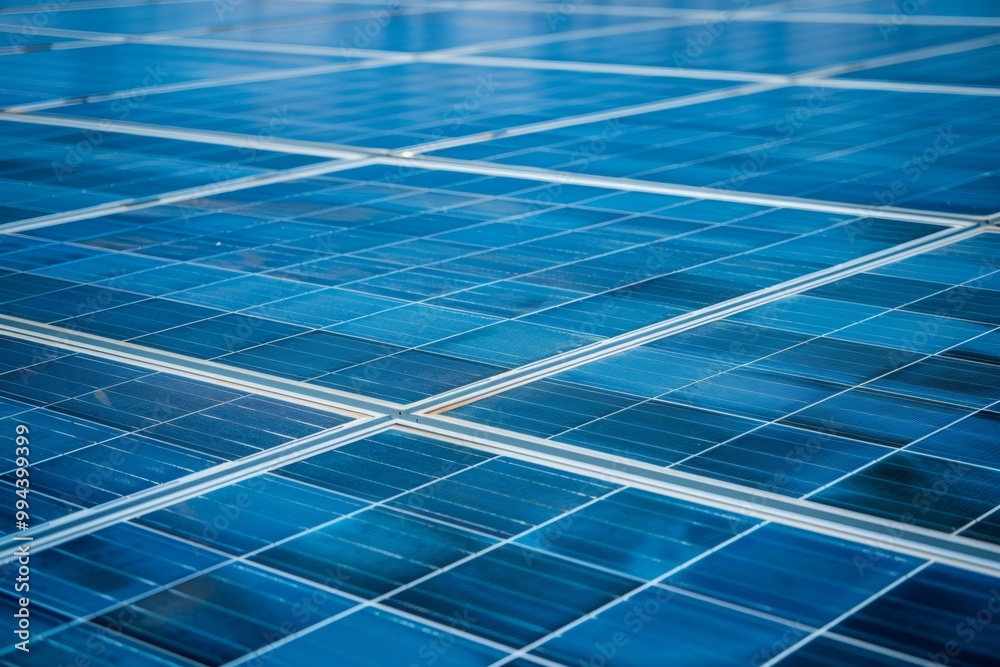 Close-up view of a solar panel, showing the intricate details of the blue cells and the silver frames. Close-up view of a solar panel, showing the intricate details of the blue cells and the silver frames.