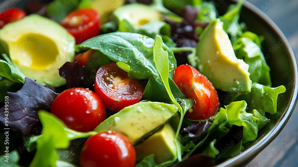 A vibrant salad with mixed greens, cherry tomatoes, and avocado A vibrant salad with mixed greens, cherry tomatoes, and avocado