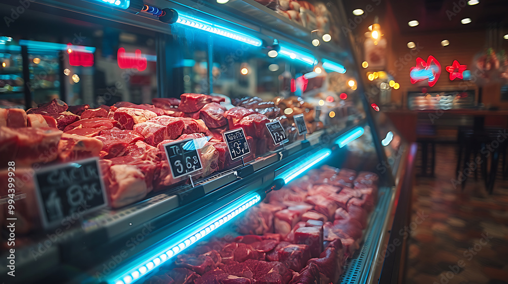 Meat aisle with various cuts displayed in a refrigerated grocery section. close-up of a meat fridge in a grocery store filled with various cuts of fresh meat various cuts of beef, pork and other meats Meat aisle with various cuts displayed in a refrigerated grocery section. close-up of a meat fridge in a grocery store filled with various cuts of fresh meat various cuts of beef, pork and other meats