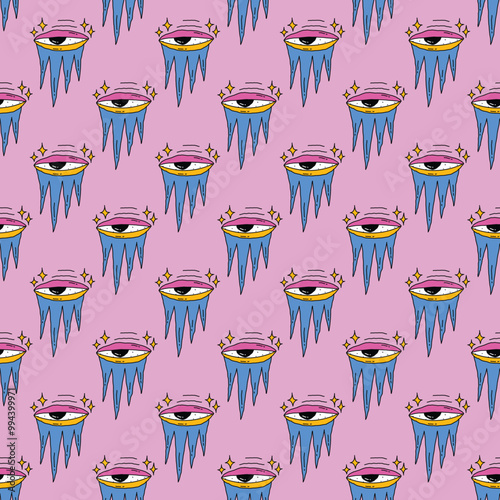 square seamless pattern -sinister eyes for Halloween.Devil eyes in 1970s psychedelic style.Groovy and funky print ornament.A look from a horror movie. Mystical esoteric eye.Witches,astrology and tarot
