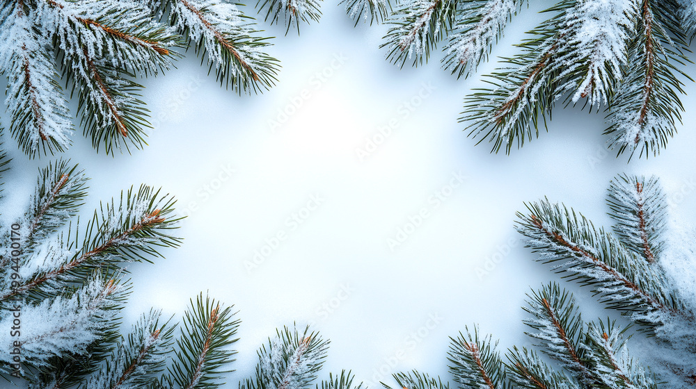 A snow covered pine tree with a white background. Sprigs of spruce, covered in snow, lay around in the white snow. There is an empty space in the center. A snow covered pine tree with a white background. Sprigs of spruce, covered in snow, lay around in the white snow. There is an empty space in the center.