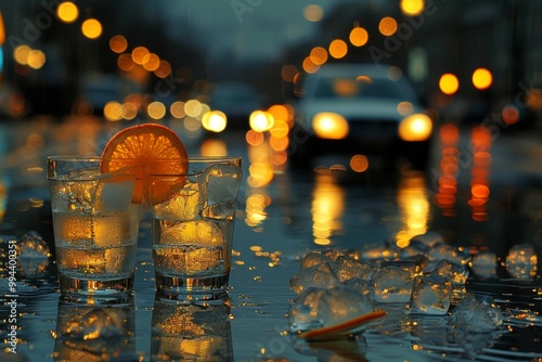 Wallpaper Mural Two glasses of ice water with a slice of orange on the edge, sitting on a wet surface in the city at night. The lights from passing cars create a warm glow in the background. Torontodigital.ca