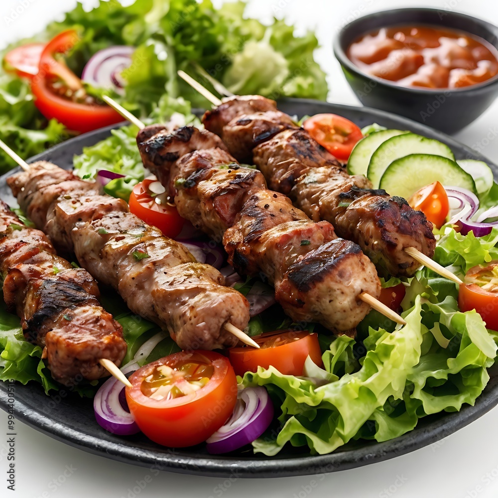 Delicious fresh Kebab assortment Served with some salad, grilled chicken skewers with a side of grilled vegetables, grilled kebab with couscous and vegetables Delicious fresh Kebab assortment Served with some salad, grilled chicken skewers with a side of grilled vegetables, grilled kebab with couscous and vegetables
