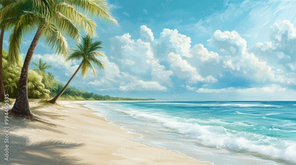 Obraz premium Palm Trees and White Sand Beach with Blue Ocean and Clouds