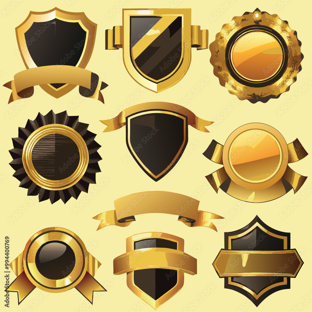 Gold Luxury Badge and Ribbon Collection Vector Set – Star, Shield, Emblem, Wreath, Banner Icons on a White Background for Virtual Competition or Award Ceremony Design Template Gold Luxury Badge and Ribbon Collection Vector Set – Star, Shield, Emblem, Wreath, Banner Icons on a White Background for Virtual Competition or Award Ceremony Design Template