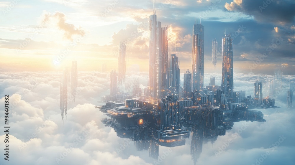 Fototapeta premium Ethereal floating city with advanced futuristic buildings, glowing above soft clouds, showcasing cutting-edge technology and design