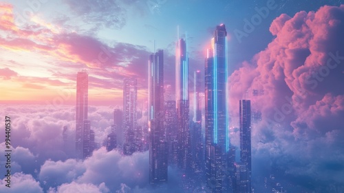 Ethereal floating city with sleek futuristic skyscrapers, suspended above various clouds, glowing with advanced technological elements