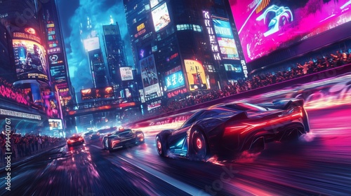 A thrilling night race showcases sleek, neon-lit cars amid cheering crowds and vibrant city lights.