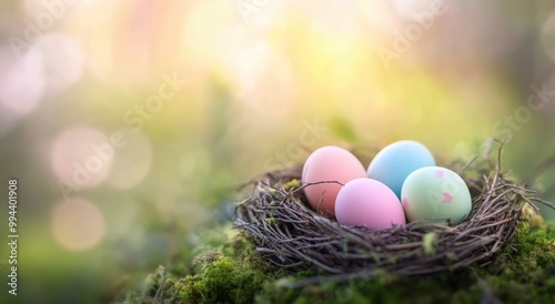 Colorful Easter eggs nestled in a natural bird's nest on a spring morning