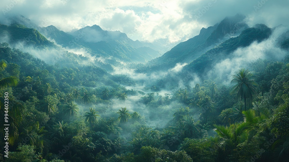 Mystical tropical rainforest shrouded in mist, featuring dense greenery and towering trees. Ethereal atmosphere with fog, damp forest floor and soft light the canopy, perfect for nature background Mystical tropical rainforest shrouded in mist, featuring dense greenery and towering trees. Ethereal atmosphere with fog, damp forest floor and soft light the canopy, perfect for nature background