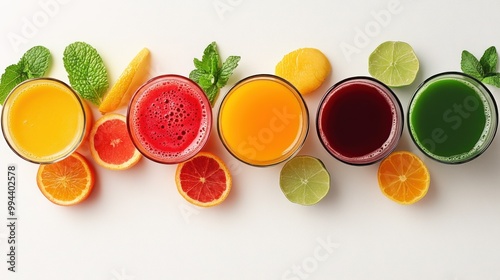 Colorful Fruit Juices in Glasses with Fresh Fruit Slices