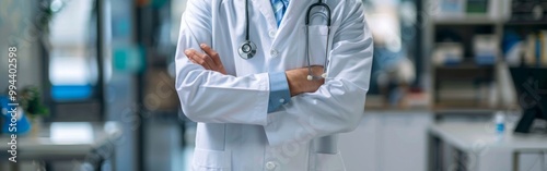 Close-up of a veterinarian in a white coat with arms crossed, emphasizing professionalism and expertise in veterinary care. banner