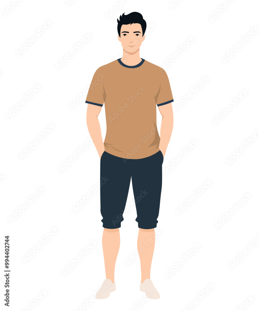 Vector illustration of a man in a summer look with a brown t-shirt and dark shorts Vector illustration of a man in a summer look with a brown t-shirt and dark shorts