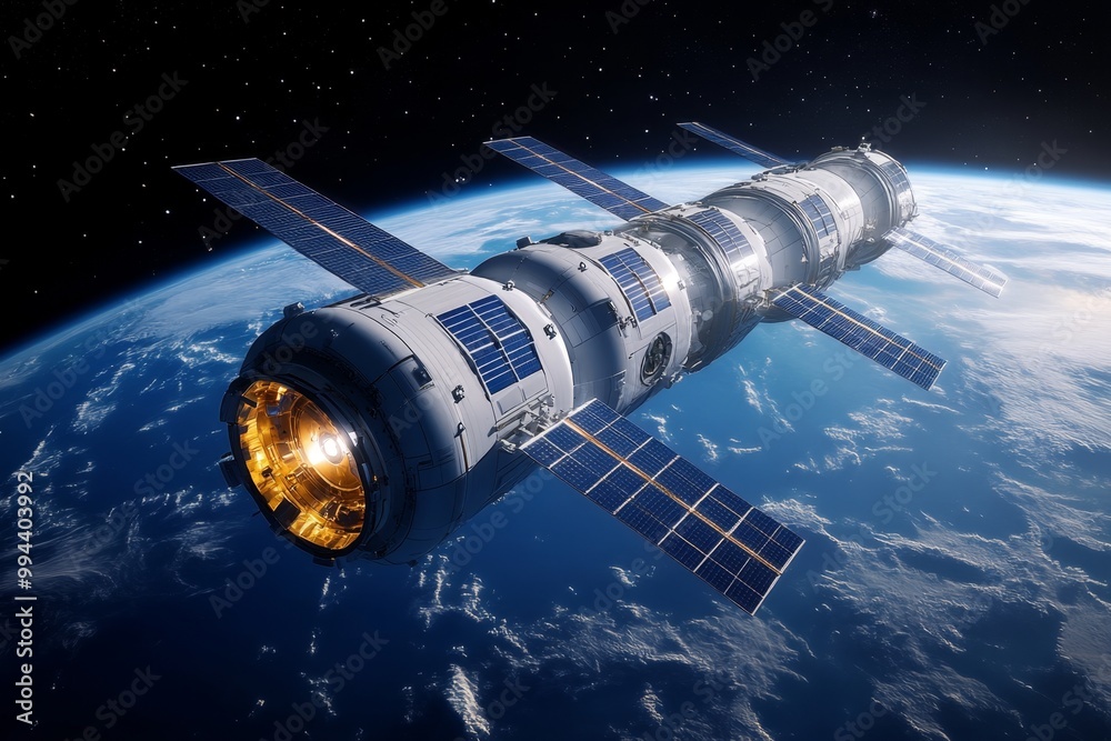 Fototapeta premium A futuristic space habitat orbiting Earth, with rotating modules and solar panels generating energy