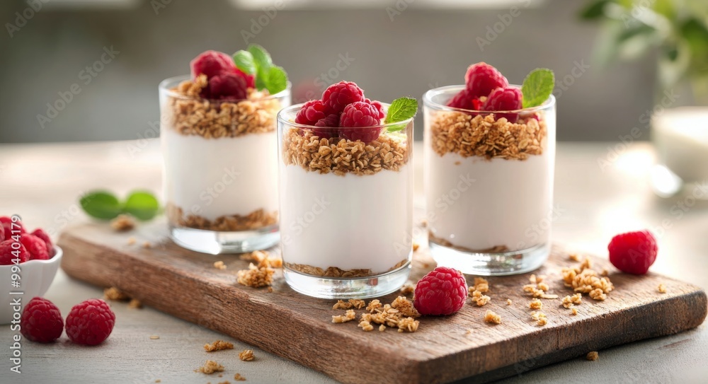 Delicious raspberry yogurt parfaits served on a wooden board with fresh raspberries and granola Delicious raspberry yogurt parfaits served on a wooden board with fresh raspberries and granola