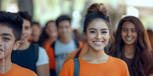 A group of university students, male and female, smiling at the camera. The focus is on a beautiful young Peruvian woman with her hair styled in a bun and wearing a orange top