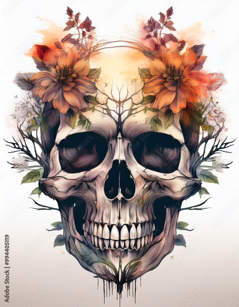 Obraz premium human skull with flowers 