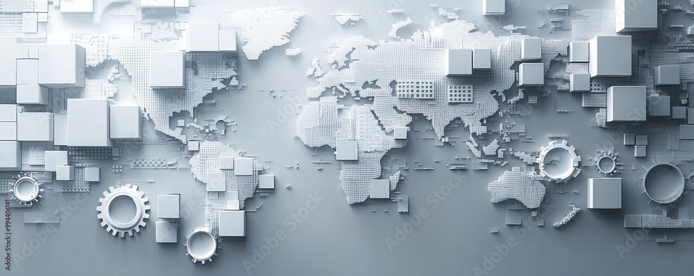 Abstract 3D world map with geometric shapes and gears on gray background for presentations or design projects Abstract 3D world map with geometric shapes and gears on gray background for presentations or design projects