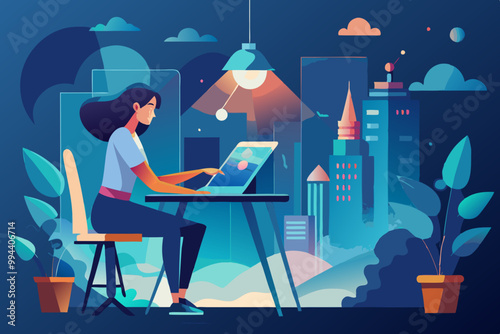 NFT. Flat vector illustration with woman creating digital picture. Concept of future innovations.
