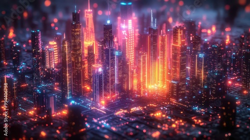 cinematic view of a colorful network of data grids over a miniature cityscape accentuated with vibrant neon colors and complex patterns depicting the interplay between technology and urban life