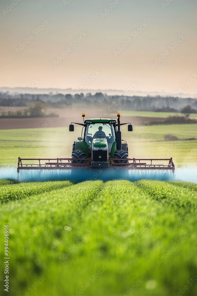 Fototapeta premium Tractor spraying fertilizer on a lush green field during sunny weather in the countryside