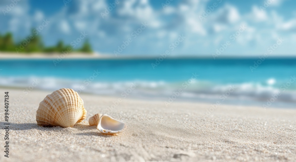 Calm beach with seashells on the sandy shore under a bright blue sky at midday Calm beach with seashells on the sandy shore under a bright blue sky at midday