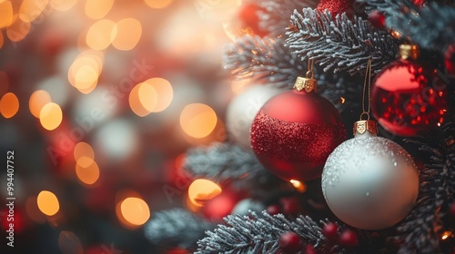 closeup view of a beautifully decorated christmas tree with red and white ornaments twinkling bokeh lights in the background creating a festive holiday spirit