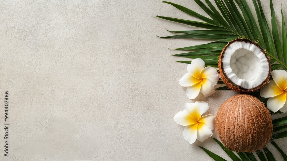 Fresh coconuts, tropical leaves, and flowers arranged on a neutral background for a serene setting