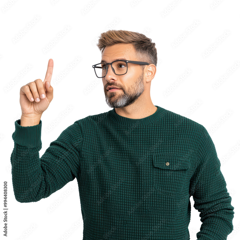 Fototapeta premium Thoughtful man showing idea gesture isolated on transparent background.