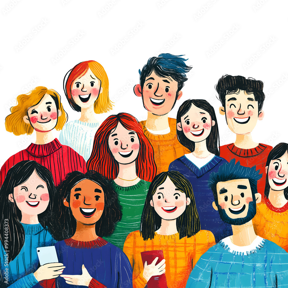 A vibrant illustration of smiling people in bright dresses, standing together in a friendly scene., Cheerful Diverse Group of people Illustration,  Cutout, Isolated on transparent PNG/White background