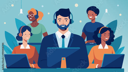 Office operators with headsets. Customer service, hotline operators, technical global support, customer support department staff. Vector
