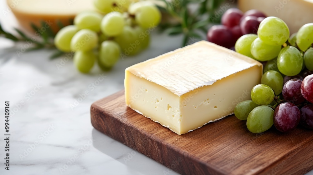 Wooden platter with cheese and fresh grapes on a marble countertop in a bright kitchen setting Wooden platter with cheese and fresh grapes on a marble countertop in a bright kitchen setting