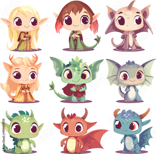 A charming vector set featuring cute fantasy creatures 