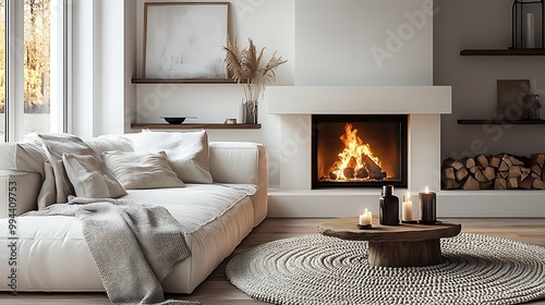 Wallpaper Mural  White corner sofa near fireplace. Scandinavian home interior design of modern living room.  Torontodigital.ca