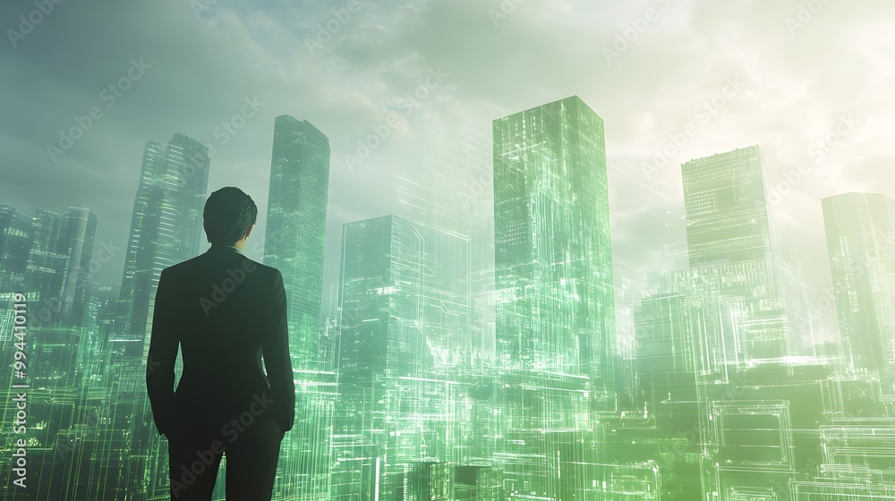 A person in business attire stands before an illustration of green buildings and cityscape, symbolizing the impact on urban life through sustainable building practices A person in business attire stands before an illustration of green buildings and cityscape, symbolizing the impact on urban life through sustainable building practices