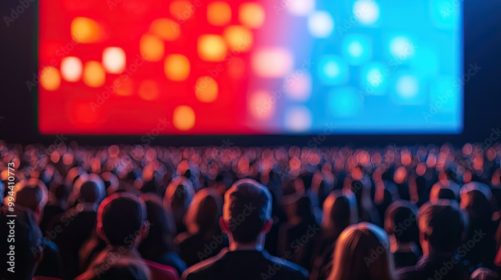 A large audience faces a vibrant screen displaying red and blue lights, creating a dynamic and engaging atmosphere. A large audience faces a vibrant screen displaying red and blue lights, creating a dynamic and engaging atmosphere.