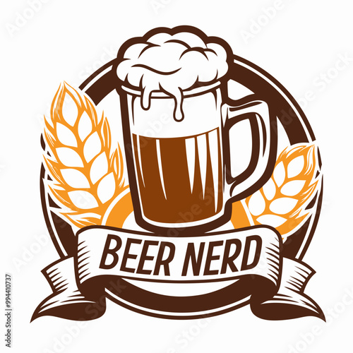 T-shirt print, "Beer Nerd mug with hops and wheat illustration, brewery theme"