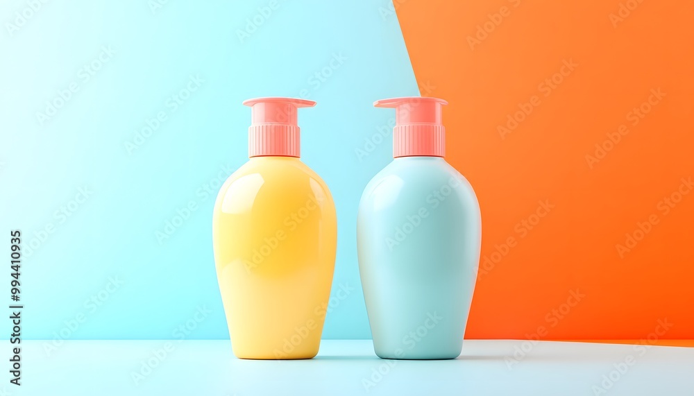 Two elegant bottles of lotion, one yellow and one blue, set against a colorful background, perfect for skincare and beauty products. Two elegant bottles of lotion, one yellow and one blue, set against a colorful background, perfect for skincare and beauty products.