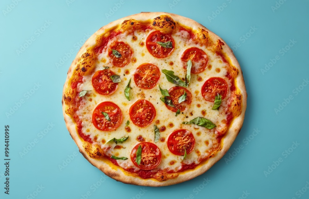 Freshly baked margherita pizza with cherry tomatoes and basil on a wooden board Freshly baked margherita pizza with cherry tomatoes and basil on a wooden board